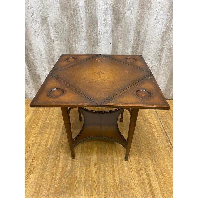 Vintage Theodore Alexander Mahogany Leather Tiered Handkerchief Game Table With 2 Chairs For Sale - Image 9 of 12