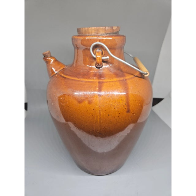 American Antique Brown Glazed Stoneware Jug With Wire Handle For Sale - Image 3 of 5