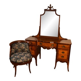 1910s Antique English Hepplewhite Mahogany & Satinwood Set Vanity Mirror & Chair For Sale