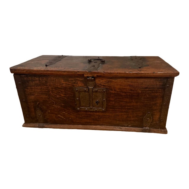 17th Century Hand Hewn Storage Box With Hand Hammered Iron Details For Sale