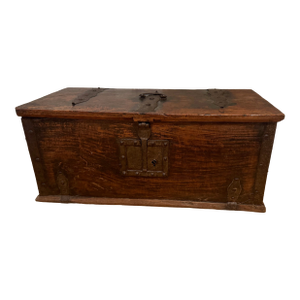 17th Century Hand Hewn Storage Box With Hand Hammered Iron Details