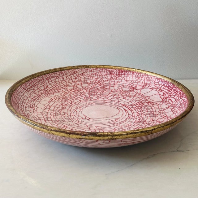 Vintage Hand Thrown Italian Ceramic Charger Bowl in Red Crackle Glaze With Gold Border For Sale - Image 10 of 10