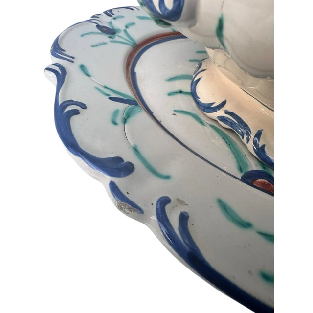 Vintage Italian Hand-Painted Majolica Soup Tureen With Underplate – Faenza Pottery, Blue and Green Floral Design, Italy, Mid-Century European Ceramic For Sale - Image 4 of 9