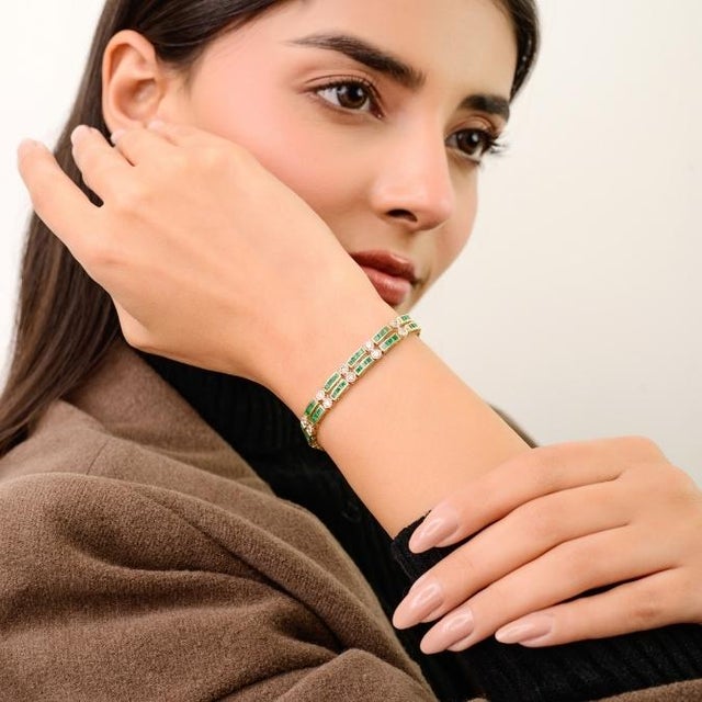 5.03 Ct Emerald & Diamond Double Row Tennis Wedding Bracelet in 14k Yellow Gold For Sale - Image 4 of 14