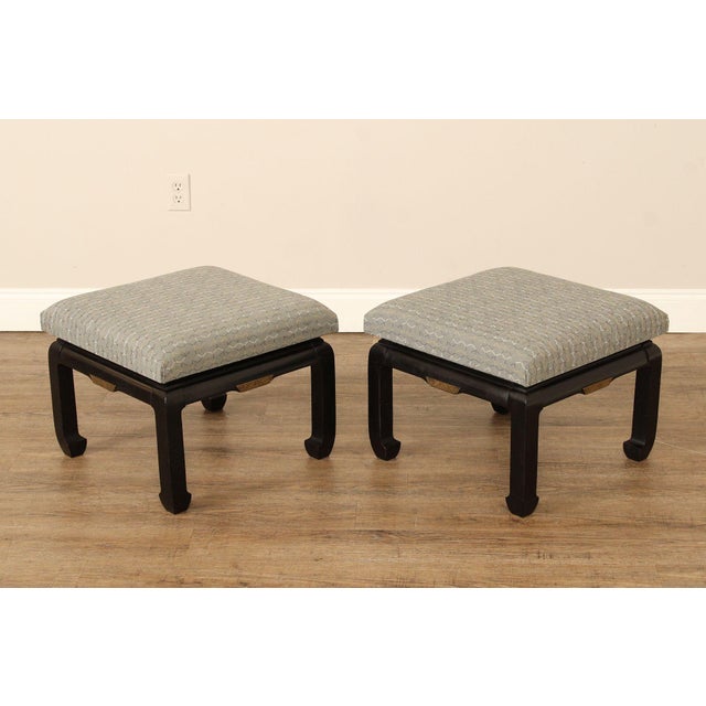 High Quality Pair of Ebonized and Custom Upholstered Ottomans With Etched Brass Accents
