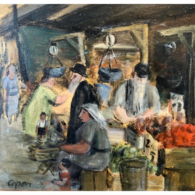 Brown Judaica Market Scene, Shuk, European Hasidic Rabbi Oil Painting, c.1930s For Sale - Image 8 of 10