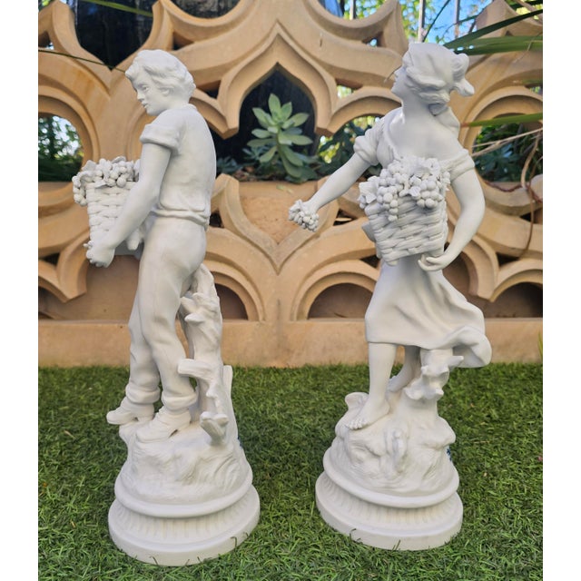 Late 19th Century Pair of 19th C French Bisque Porcelain Peasant Figures“Paysan Aux Raisins” and “Paysanne Aux Raisins,” After Hippolyte François Moreau, Samson, Paris For Sale - Image 5 of 12