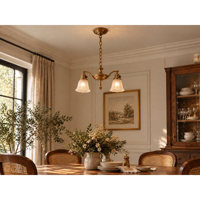 Traditional Antique Two Arm Brass Pan Chandelier Etched Glass Shades For Sale - Image 3 of 3
