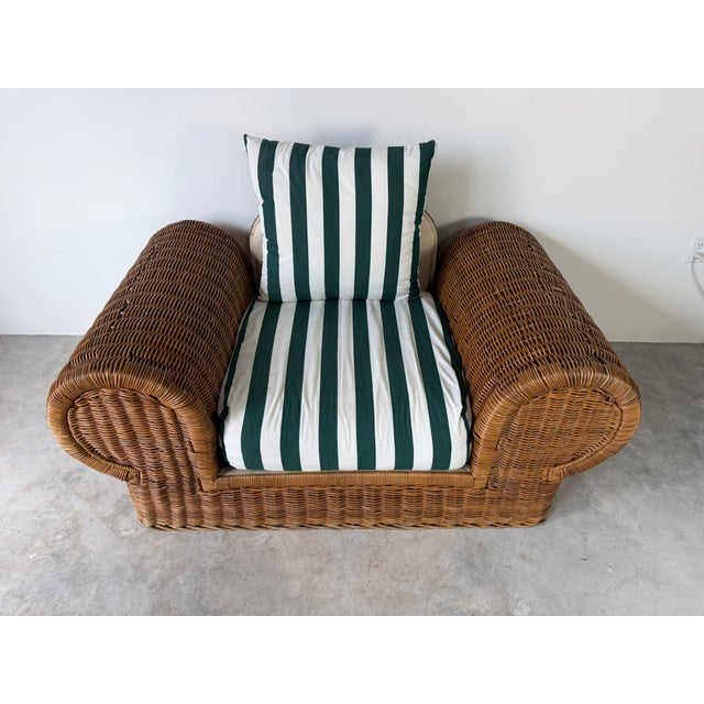 Coastal 1970s Vintage Coastal Organic - Rattan Armchair With Rolled Arms & Striped Cushions For Sale - Image 3 of 15