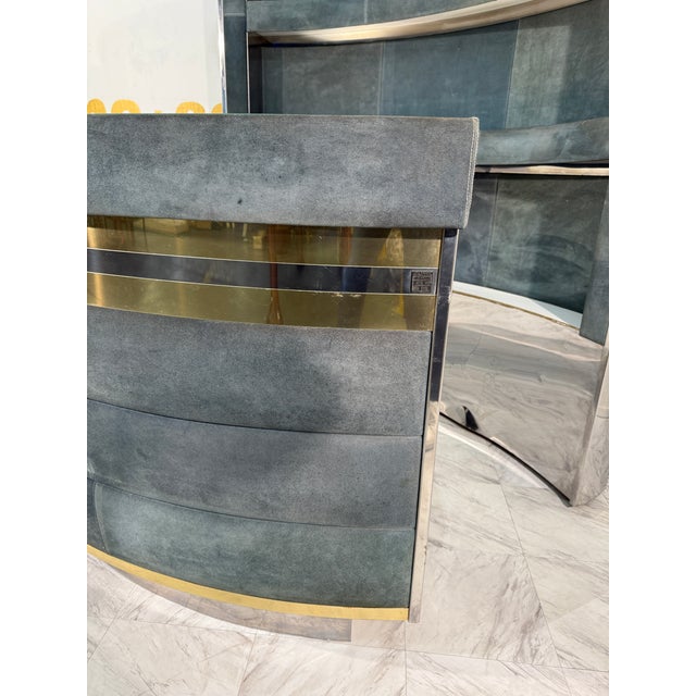 Animal Skin 1970s Mid-Century Modern Attributed to Willy Rizzo Bar Cabinet in Blue Suede, Brass & Chrome For Sale - Image 7 of 13
