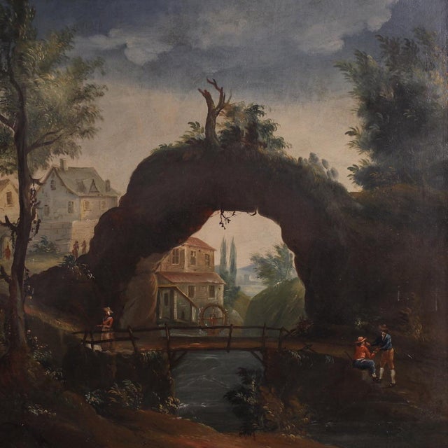 Antique French painting from the late 18th century. Oil on canvas artwork depicting a countryside landscape with a mill on...
