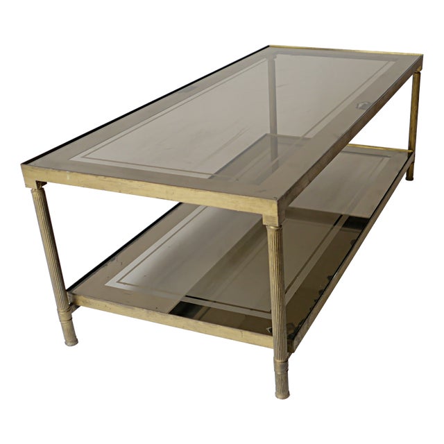 Vintage Brass Coffee Table with Smoked Glass and Mirror from Maison Jansen, 1960s For Sale