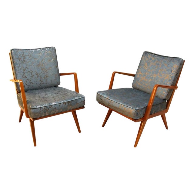 Blue Lounge Chairs in Cherry Wood & Blue-Silver Fabric from Knoll, Germany, 1950s, Set of 2 For Sale - Image 8 of 8