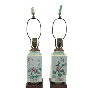 Pair of Colorful Chinoiserie Floral Lamps With Shades For Sale