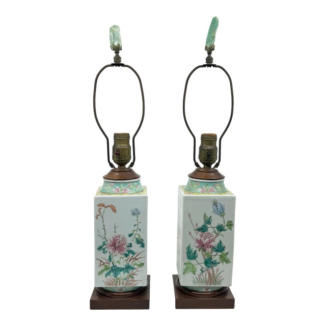 Pair of Colorful Chinoiserie Floral Lamps With Silk Shades For Sale