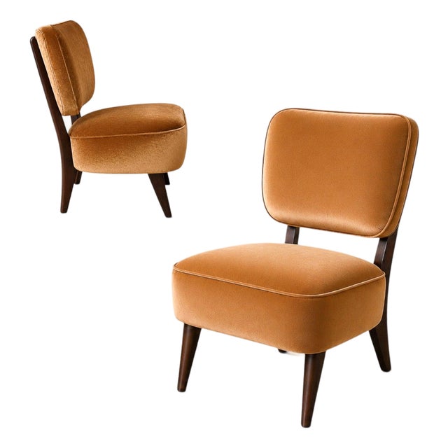 Pair of Brazilian Modern Lounge Armchairs in Imbuia Wood & Camel Mohair Velvet by Cimo, Brazil, 1950s For Sale