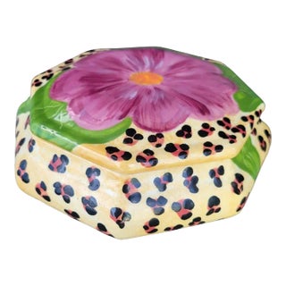 Vintage Handpainted Ceramic Leopard Pink Floral Octagonal Trinket Catchall Decorative Box For Sale