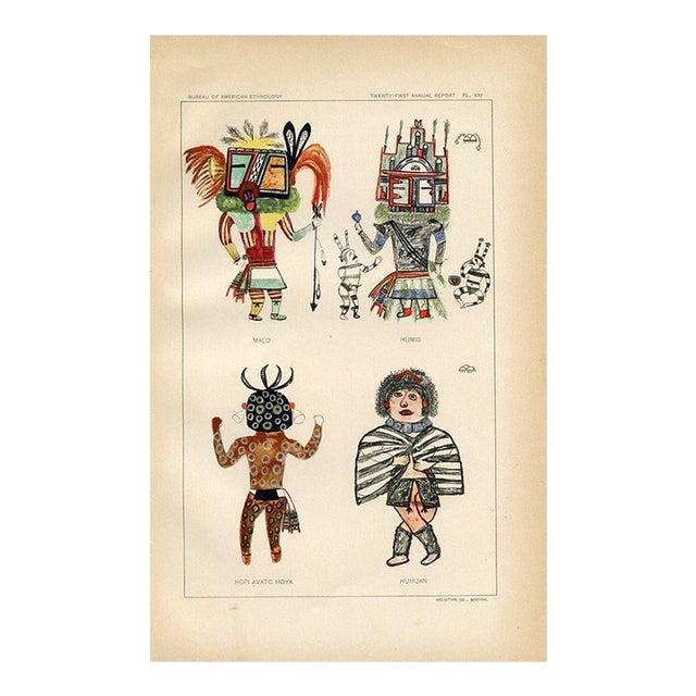 Early 1900s, Hopi Indian Kachina Print, Cross Legged Kachina, Original Antique Native American Lithograph For Sale