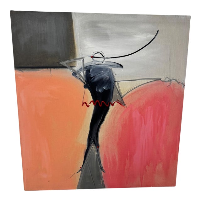 Oversized 1980s Coral and Black Postmodern Abstract Mixed Media Painting on Canvas 48x52" by Jack Compton For Sale