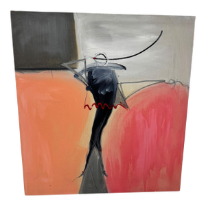 Oversized 1980s Coral and Black Postmodern Abstract Mixed Media Painting on Canvas 48x52" by Jack Compton