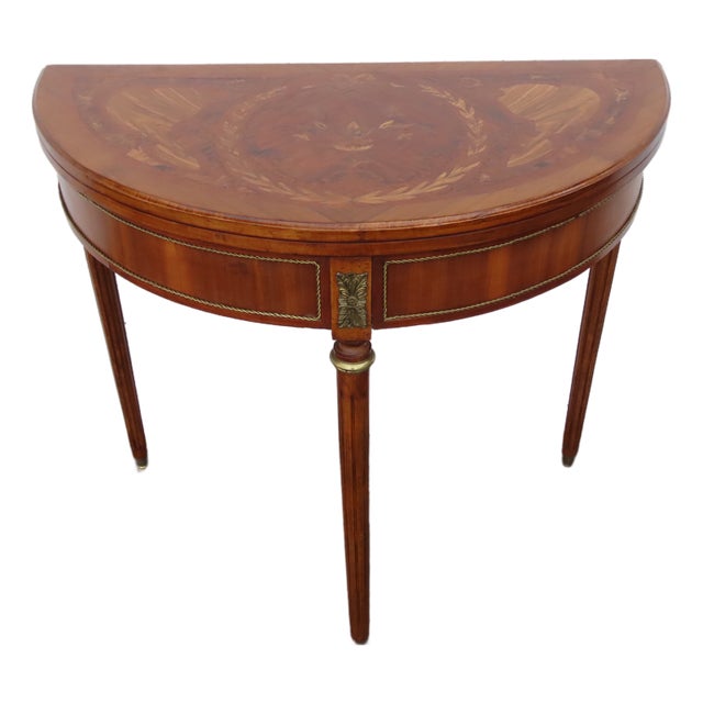 French Demilune Inlay Leather Top Console Flip Top Card Table 6916 For Sale