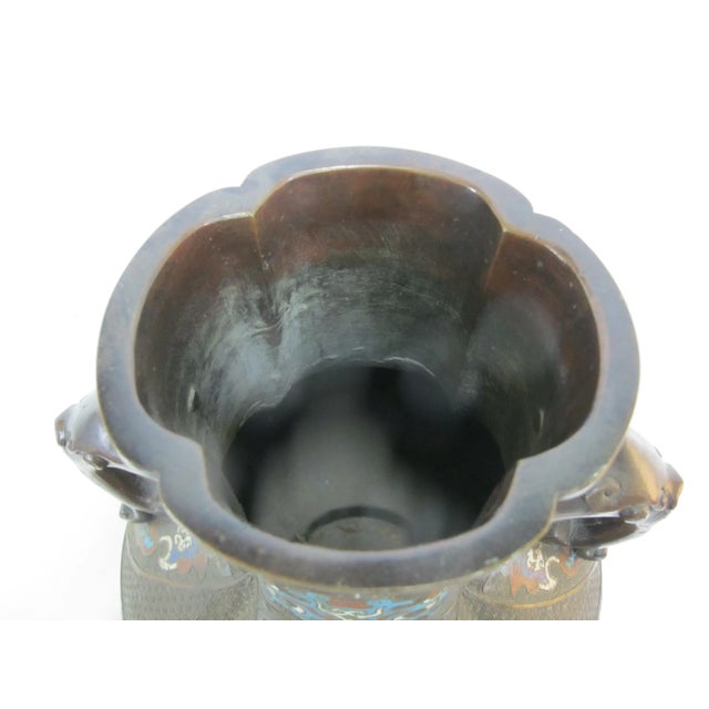 Late 19th Century Large Bronze Chinese Antique Champleve Double Elephant Handle Urn Vase For Sale - Image 5 of 9