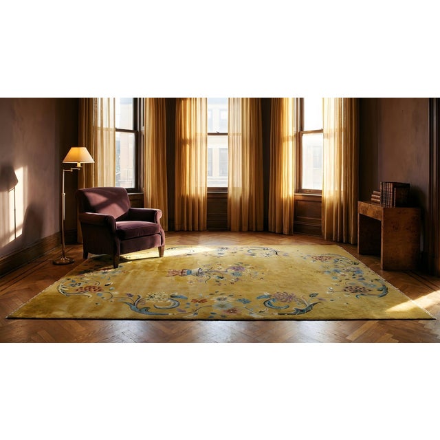 1920s Yellow Gold Floral Vase Antique Chinese Art Deco Carpet 8'8" X 11'4" Knotted Wool Rug For Sale - Image 13 of 15