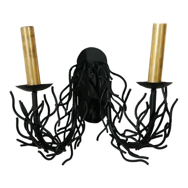 1970s Double Faux Black Coral Sconce With Brass Candle Covers For Sale
