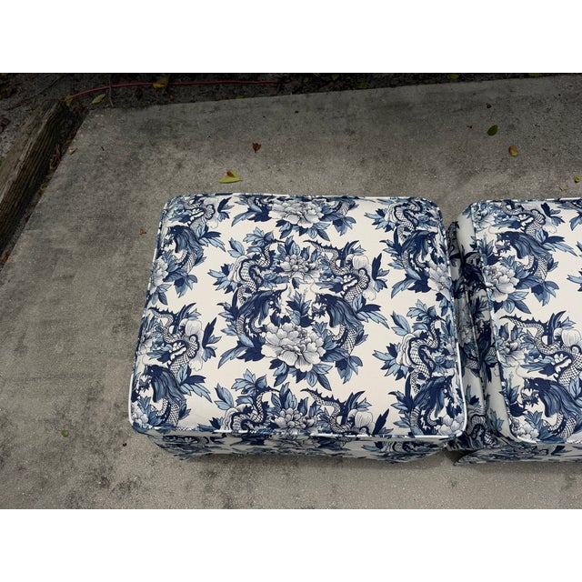 Vintage Baker Ottomans Upholstered in Ralph Lauren Nanking Dragon Fabric, a Pair For Sale - Image 13 of 15