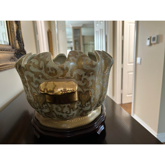 Asian Gold Asian Cachepot and Wood Base For Sale - Image 3 of 10