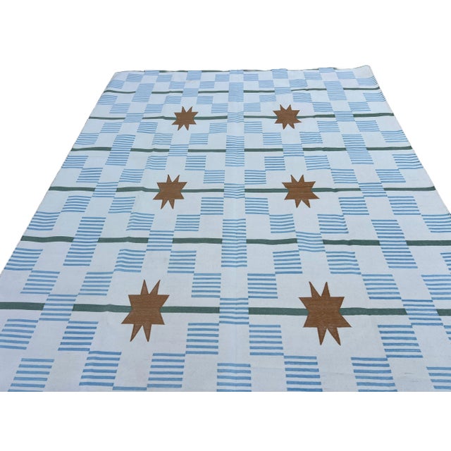 Textile Handmade Cotton Area Rug, Cream, Sky Blue, Green and Tan Star Dash Striped Dhurrie - 8'x10' For Sale - Image 7 of 12