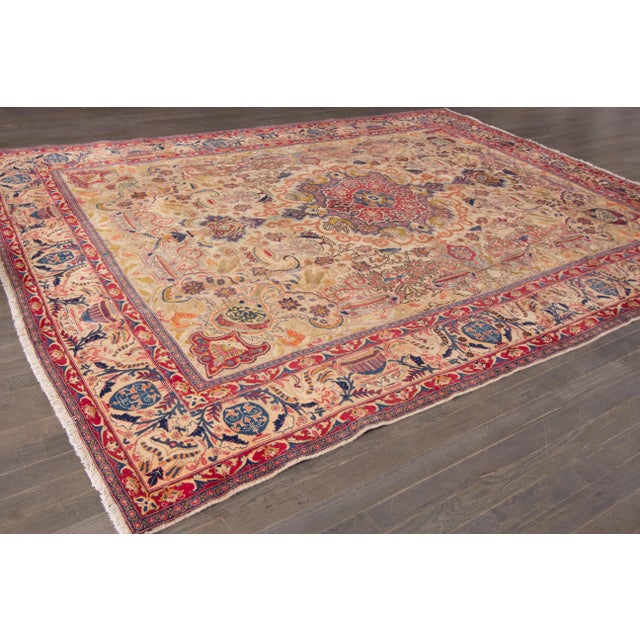 Persian Vintage Persian Tabriz Handmade Beige Wool Rug For Sale - Image 3 of 13