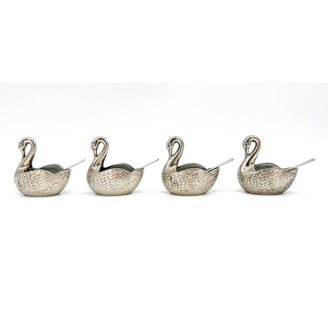 Set of Four Silver -Plated Swan Salt Cellars With Glass Inserts and Spoons — Vintage Tableware, Hollywood Regency Style For Sale - Image 10 of 13
