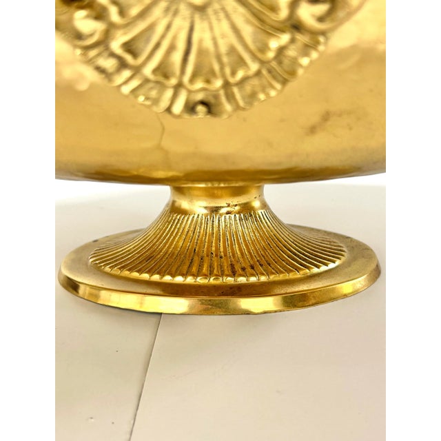 Metal Large Hollywood Regency Brass Pedestal Bowl – Scalloped Centerpiece With Ornate Handles For Sale - Image 7 of 12