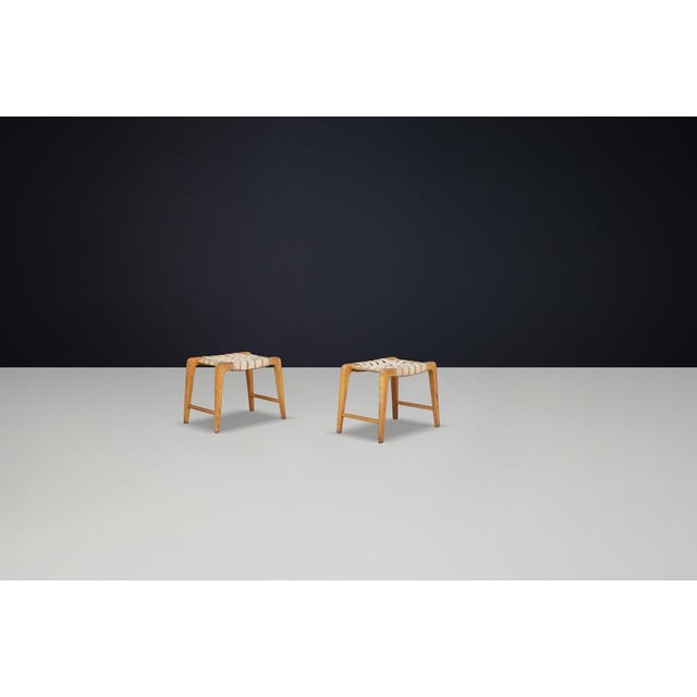 Sculptural Oak Stools with Woven Canvas Straps by Jan Vanek, 1940s, Set of 2 For Sale - Image 8 of 10