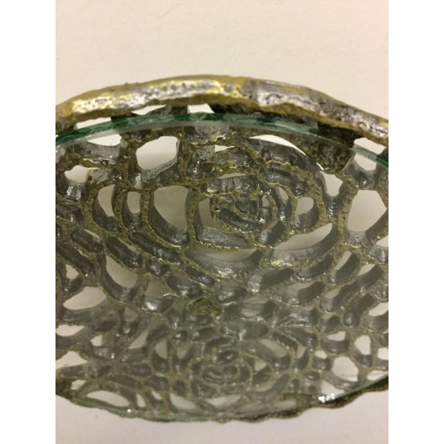 Metal Mini Brass Carved Glass Covered Trinket Dish For Sale - Image 7 of 10