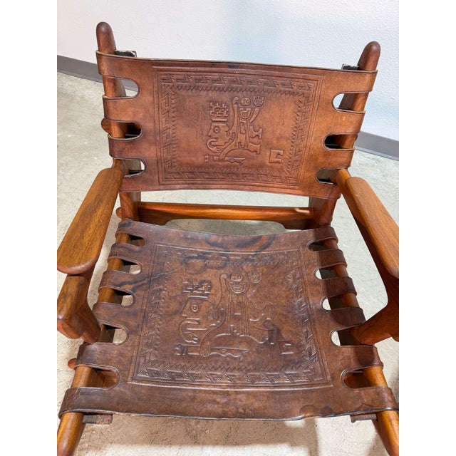 1960s Set of 2 Mid Century Angel Pazmino Hand Tooled Leather Sling Safari Chairs For Sale - Image 10 of 12