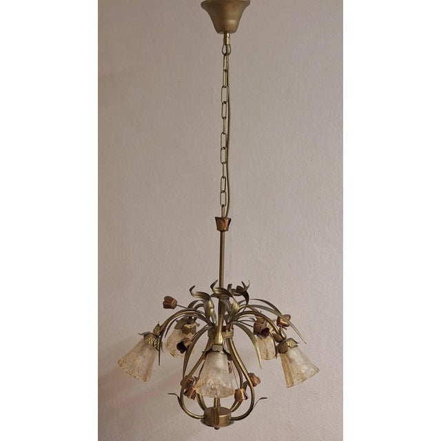Vintage German Ceiling Lamp with Colored Floral Decorated Metal Frame and Five Slightly Tinted Glass Shades from...