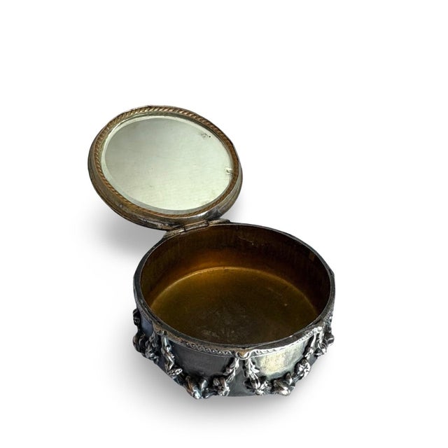 Antique French Silvered Metal Vanity Box With Beveled Mirror, Floral Garlands and Musical Trophy For Sale - Image 9 of 15