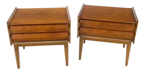 Pair Two Drawers Walnut Mid-Century Modern End Side Night Stands Tables Mint!