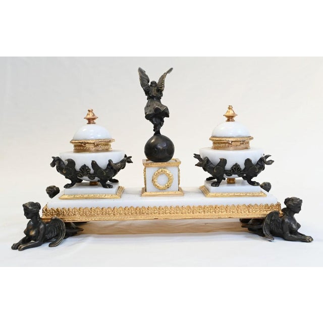 Empire French Marble Inkwell Bronze Sphinx For Sale - Image 5 of 10