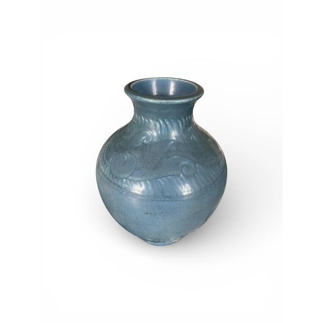 1920s exquisite American blue ceramic vase with a wide impressed design band encircling the top by Rockwood Pottery...