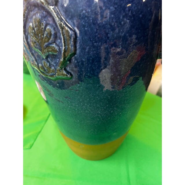 1970s 1970s Oversized Blue Ceramic Vase With Metal Ears For Sale - Image 5 of 11