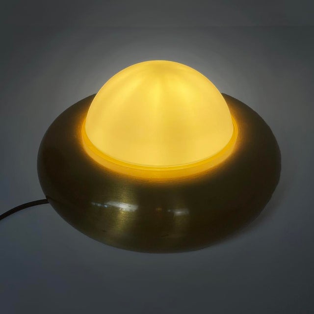 Italian modern brass table lamp by Valenti, 1970s Brass table lamp. The structure consists of a compact, rounded, annular...