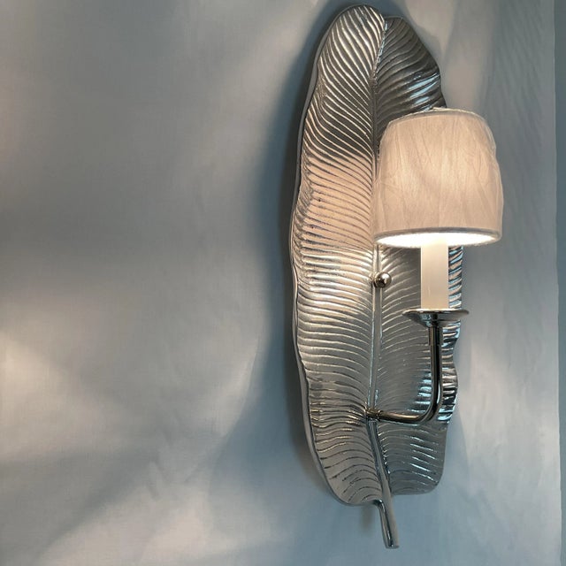 Early 21st Century Set of 2 Modern Silver Leaf Wall Sconces For Sale - Image 5 of 12