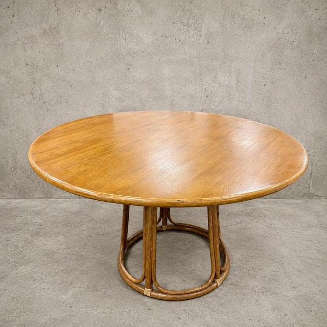 Vintage Oak & Bamboo Round Dining Table | Mid Century Rattan Pedestal Dining Table A beautifully designed vintage round...