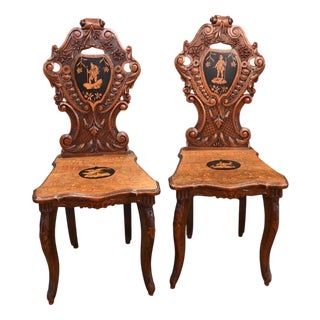 Set of Black Forest Hall Chairs in Carved Walnut, 1840s For Sale