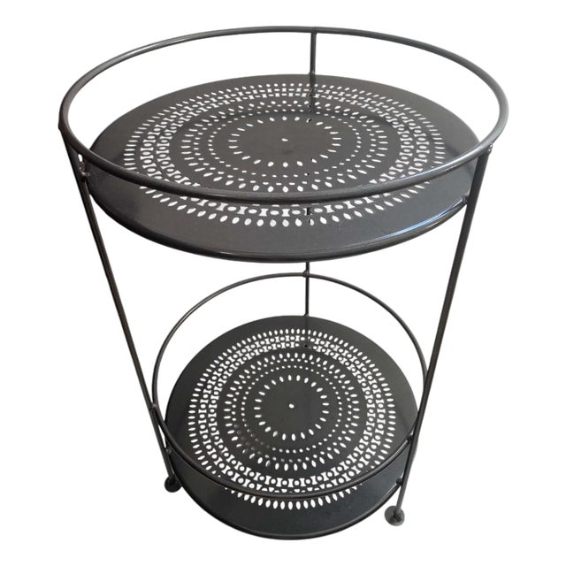 Vintage French Modernist Fermob "Guinguette" Perforated Steel Two-Tier Table For Sale