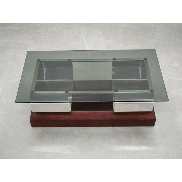 Italian Chrome, Smoked Glass and Wood Coffee Table, 1970s For Sale - Image 11 of 14