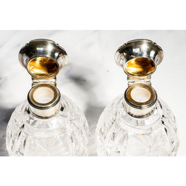 Paint Exceptional Pair Antique English Cut Crystal Perfume Bottles Sterling Silver & Blue Enamel Tops Edwardian Vanity Set Home Decor For Sale - Image 7 of 18